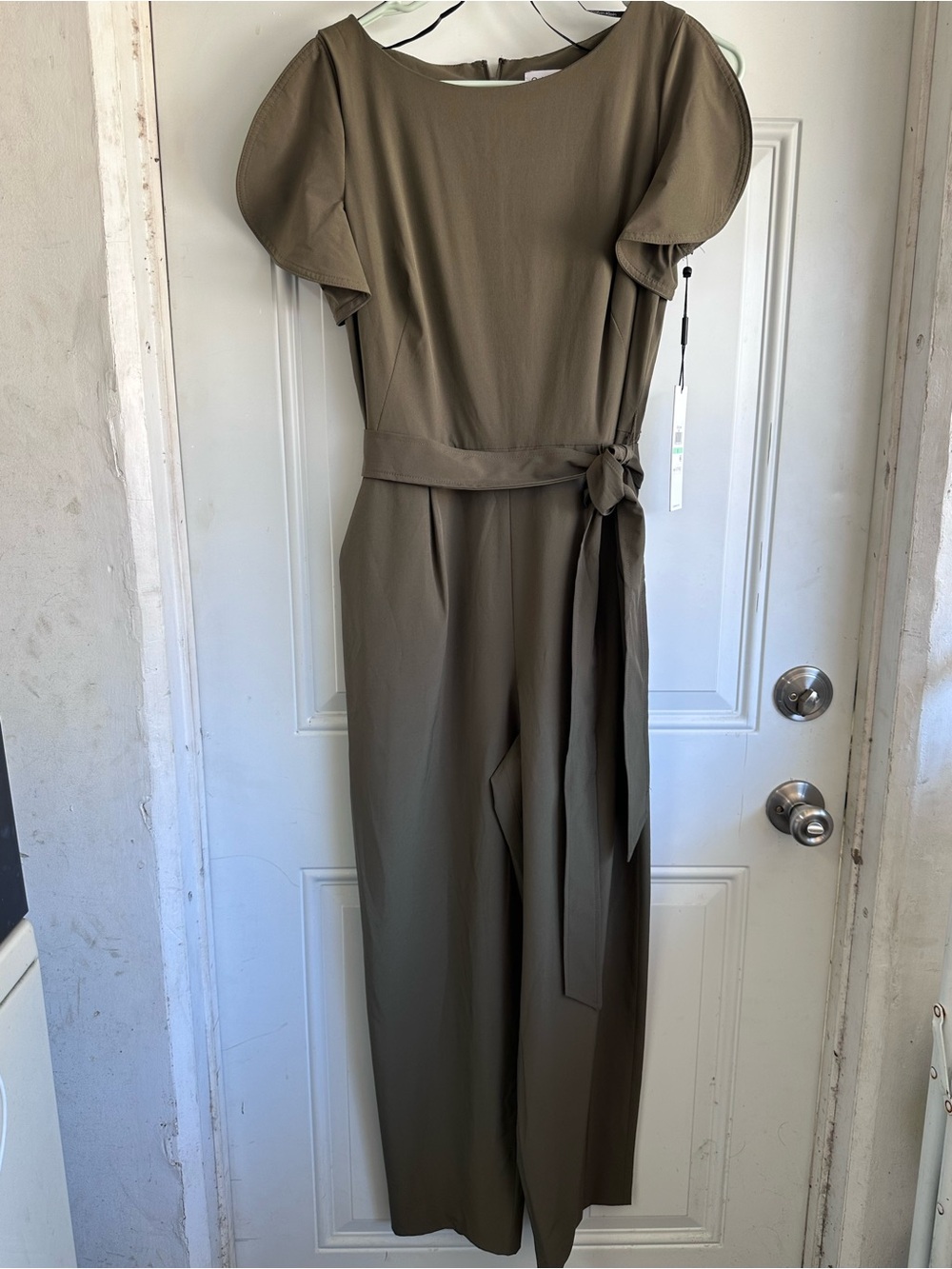 NWT Calvin Klein Women's Olive Wide-Leg Jumpsuit with Tie Waist